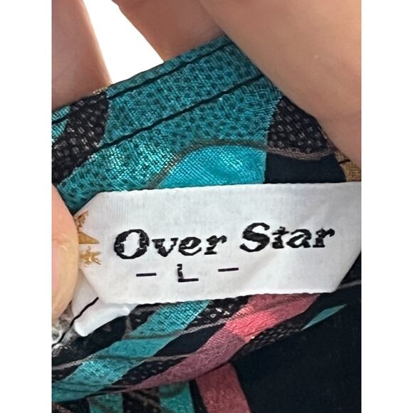 Vintage Over Star Large 100% Silk Mandarin Button Band Collar Jungle Pattern - Picture 8 of 8